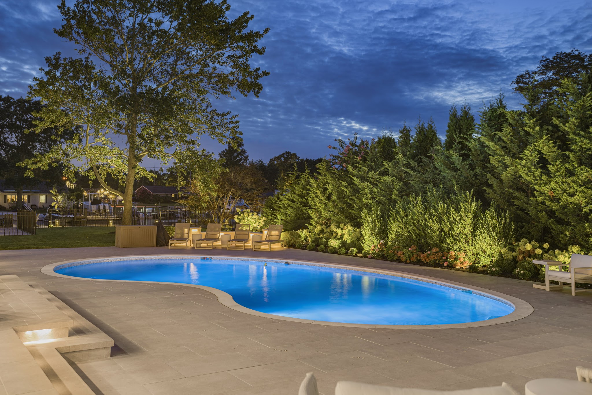 Illuminated tree and planting beside a paved pool area at dusk.